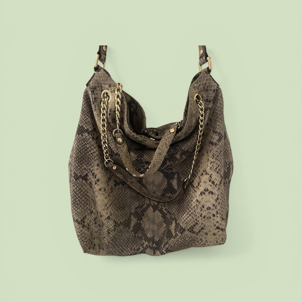 Michael Kors Brown Snake-Print Shoulder Bag with Gold Chain Accents